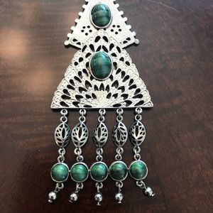 Long silver tone necklace with Green Stones